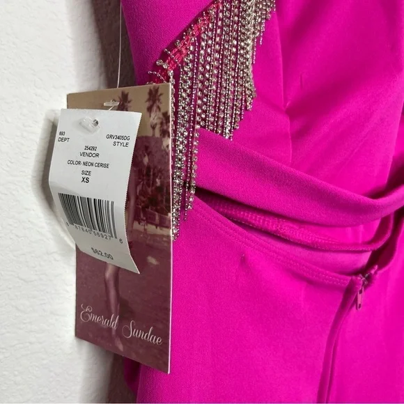 Emerald Sundae Sleeveless HighNeck Rhinestone Fringe Back Dress Neon Pink XS NWT - Picture 8 of 15